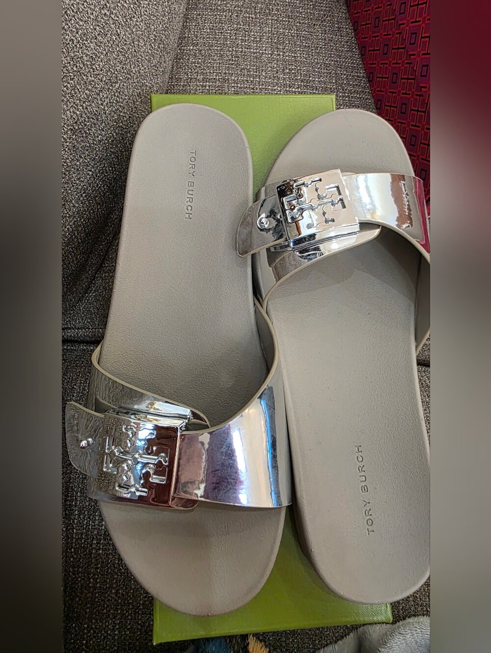 Tory Burch Buckle Slide Silver Metallic Logo  Sandals